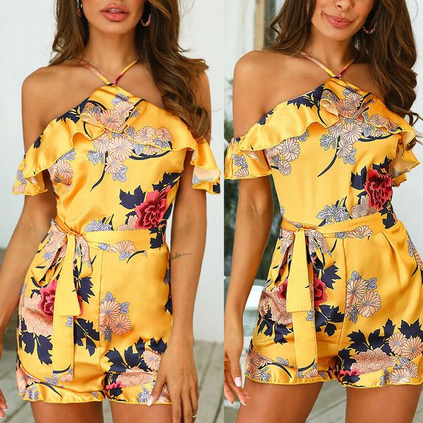 

women holiday boho floral playsuit jumpsuit shorts halter romper summer beach casual 2019 new arrival, Black;white