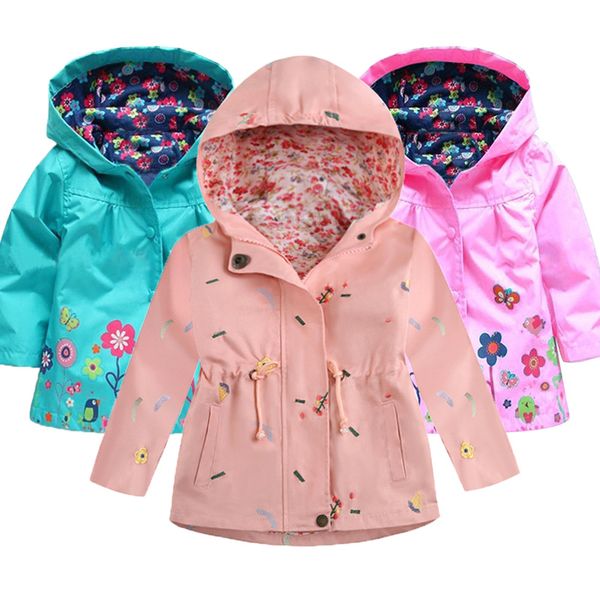 

2-7 yrs baby girls toddler hooded 2020 spring autumn girls jackets casual kids outwear flower pattern waterproof children coat, Blue;gray