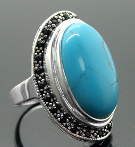 

17x30mm blue turquoises oval gems 925 sterling silver marcasite ring, Golden;silver