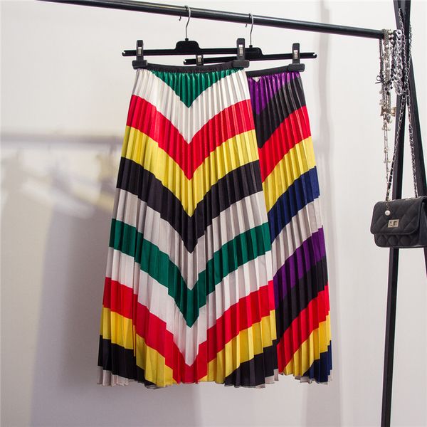 

2019 осень новинка геометрическая полосатая плиссированная юбка high street style mid-calf empire fashion women юбки, Black