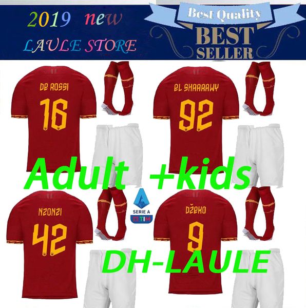 

and kids kits with socks 2019 2020 dzeko rome soccer jersey home 19/20 de rossi perotti nainggolan totti el pastore football shirts, Black;yellow