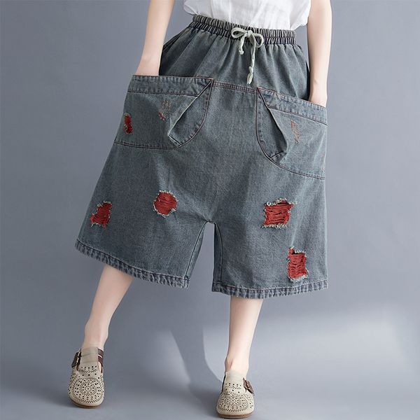 

distressed hole jeans summer women crop cross pants plus size loose patch washed wide leg pants boyfriensd trousers pockets, Blue