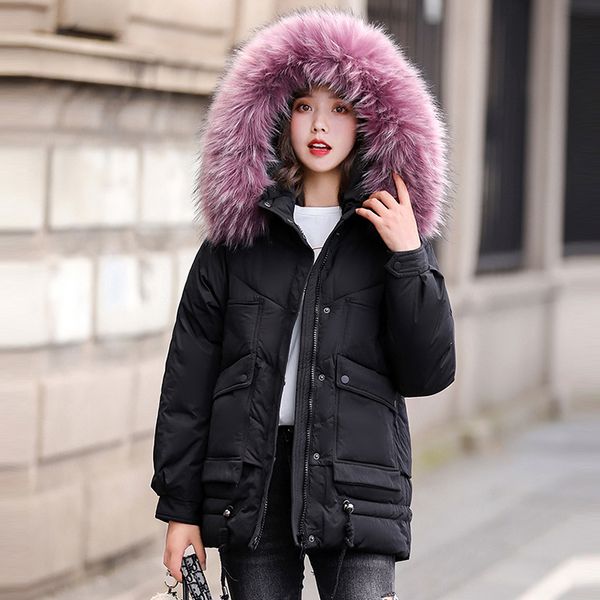 

new women long coat autumn winter warm down cotton thicken faux fur coat parka female solid big pocket jacket outwear 100kg wear, Black