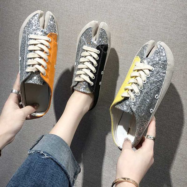 

shoes woman 2020 low slippers flat slipers women new lace-up retro fabric rubber pu bling slides canvas flat shoes female, Black