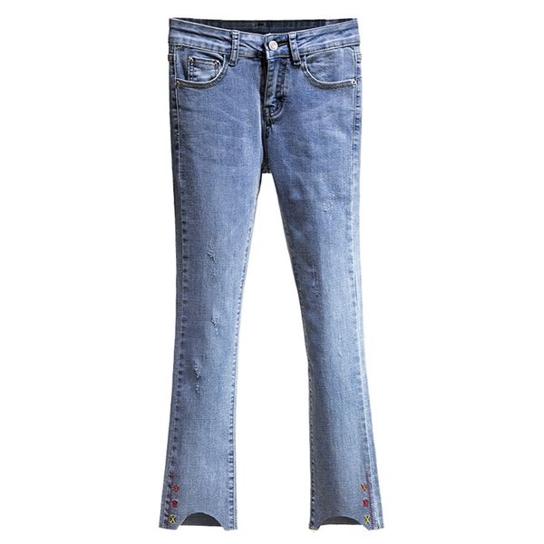 

plus size ripped jeans for women embroidery boot cut denim pants mid waist ultra-soft ankle length female trousers stretch jeans, Blue