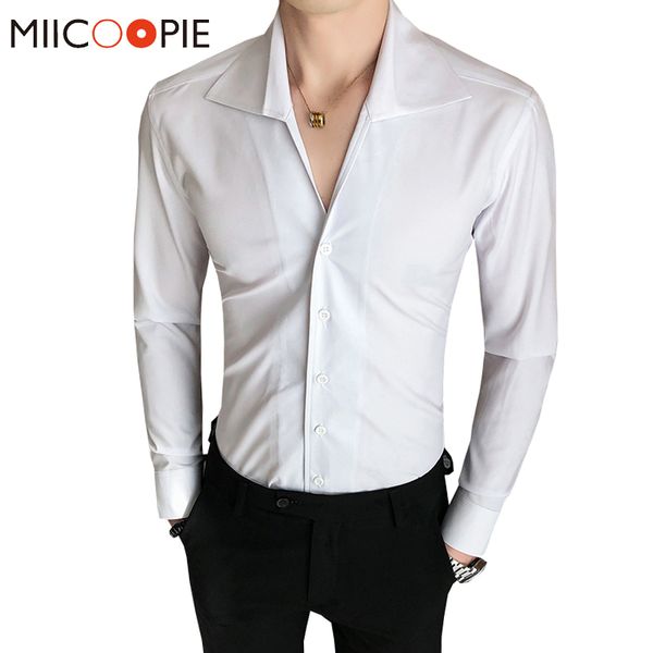 

camisa masculina slim fit solid color long sleeve men shirt business casual social suit collar dress mens shirts asian size 3xl, White;black