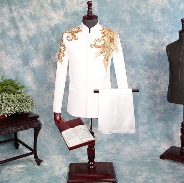 

stage blazer men chinese tunic suit set with pants white mens suits sequin embroidery singer slim formal dress men's groom suit, White;black