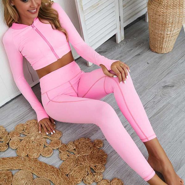 

yoga outfits 2021 women 2 pcs set fitness sports suits zipper gym long sleeve shirts high waist running leggings workout pants, White;red