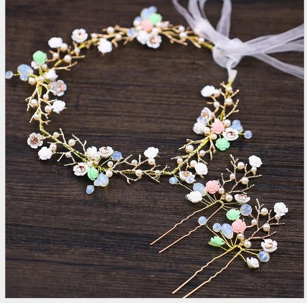 

colorful flower pearl bride hairpin suit korean wedding dress, dress, dazzling hair and headdress, Slivery;golden