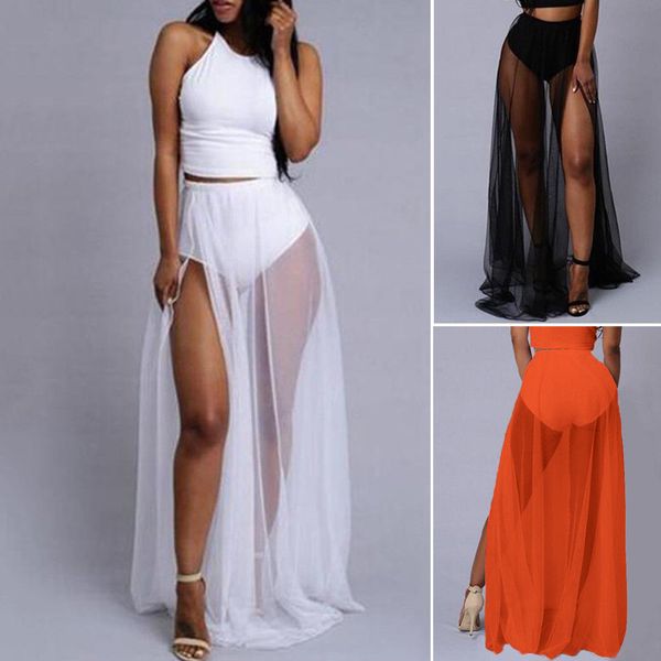 

new womens summer waistband mesh sheer long see-through skirts, Black