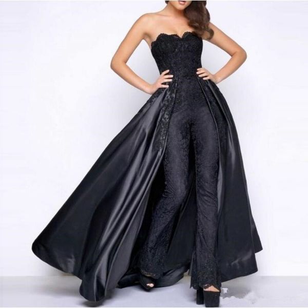 

black lace stain prom jumpsuit with puffy detachable overskirt 2019 strapless women party occasion evening pant suit