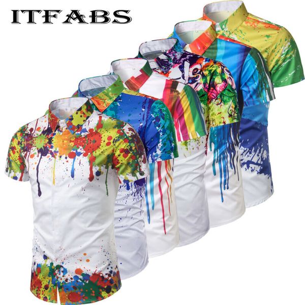 

2020 fashion men's summer casual dress shirt 3d splash-ink short sleeve shirts, Black;blue