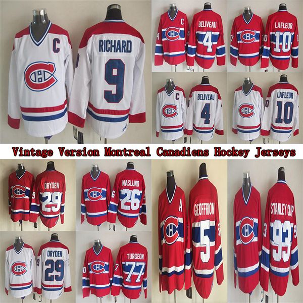

montreal canadiens vintage jerseys 4 beliveau 5 geroffrion 9 richard 10 lafleur 26 naslund 29 dryden 77turgeon ccm hockey jersey, Black;red