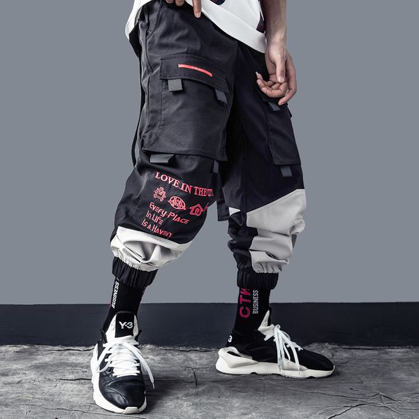 

korea street cargo pants men letter embroidery hip hop harem joggers back ribbon trousers man skateboard streetwear, Black