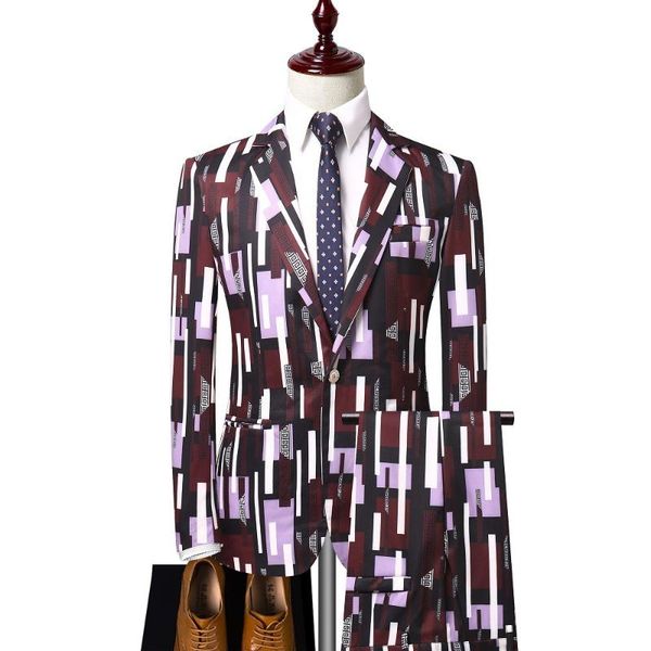 

2020 spring men printed stripes formal dress suit banquet performance suit two-piece set, White;black