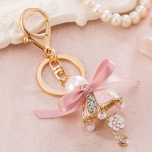 

pink enamel rhinestone umbrella key chain female bag ribbon small ornament pearls flower pendant car accessories charm keyring, Silver