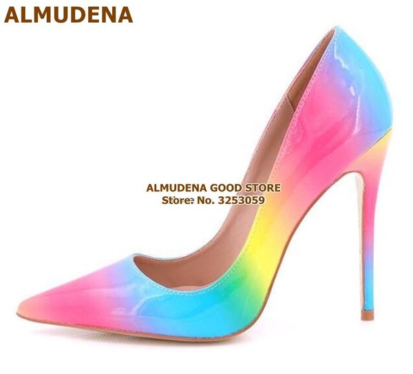 

almudena new spring summer rainbow gradient color pointed toe pumps stiletto heels 12cm multi-color patent leather wedding shoes t200525, Black