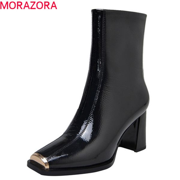 

morazora 2019 new fashion ankle boots women patent leather shoes metal decoration autumn boots high heels party shoes woman, Black