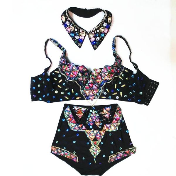 

women's dance wear rhinestone outfit customized bra high waist shorts luxury crystals baroque singer stage clothing set, Black;red
