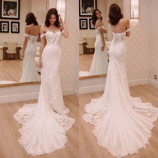 

new vintage mermaid lace wedding dresses 2019 morden off shoulder sleeveless appliques sweep train vestidos de novia bridal gowns, White