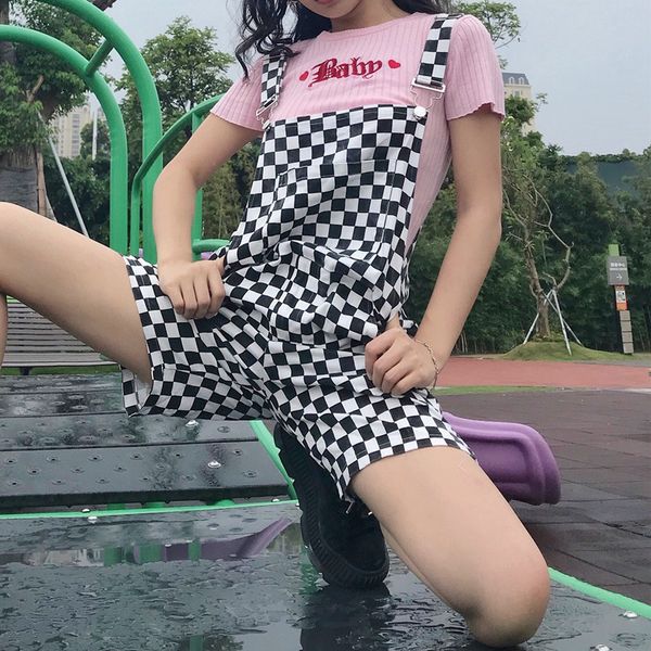 

checker suspender trousers women short pants men black white plaid playsuit chic streetwear loose causal short