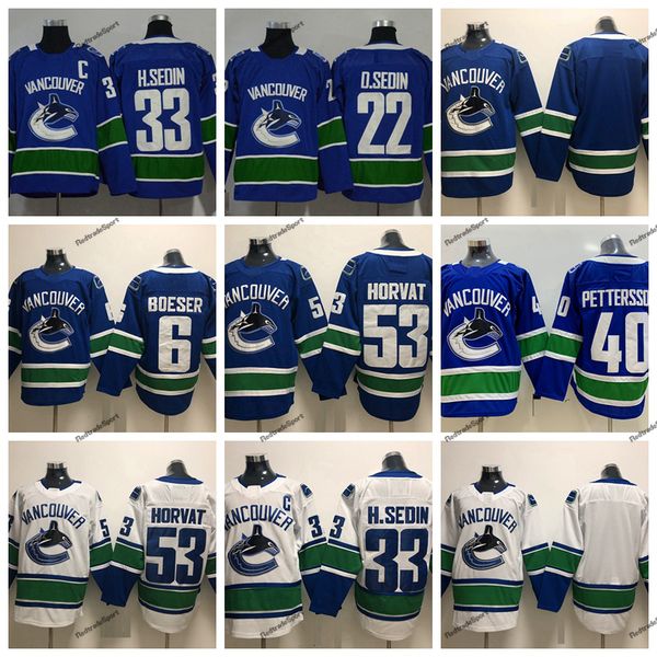 

2019 vancouver canucks 33 henrik sedin 22 daniel sedin 53 bo horvat 6 brock boeser 40 elias pettersson hockey jerseys blue stitched shirts, Black;red