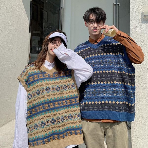 

men's vests 2021 lattice printing coats sleeveless vest loose knitting sweater tide male clothes lovers student pullover s-xl, Black;white