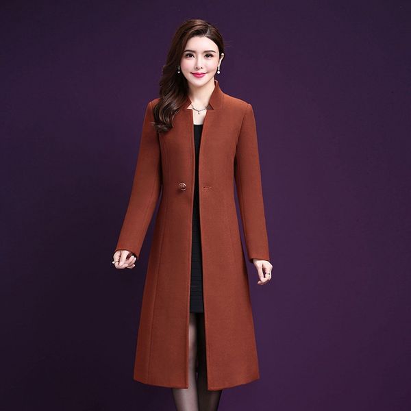 

elegant slim long winter fashion wool coats solid stand wool blend coat and jacket single button office coat femenino, Black