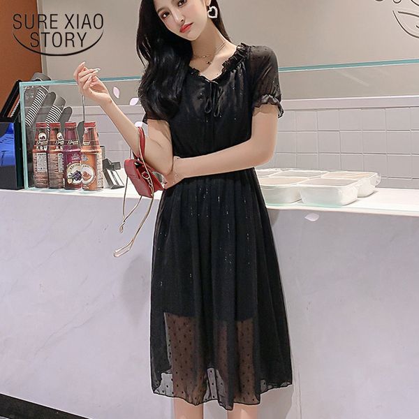

summer new hong kong style elegant chiffon dress women short sleeve lace dress 2020 solid white black party dresses 8713 50, Black;gray