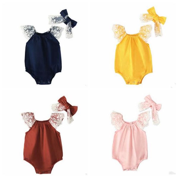 

ins baby summer clothes sets girls sleeveless lace jumpsuit bow headband 2pcs suit kids fly sleeve princess rompers bowknot outfits zyqa459, White
