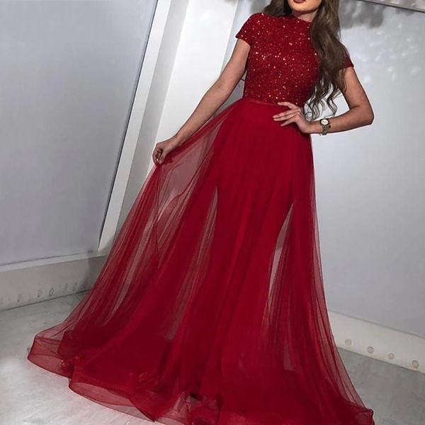 

robe de soiree burgundy muslim mermaid evening dresses long sequined tulle skirt dubai saudi arabic formal evening gown, Black;red