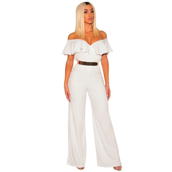 

2019 women's new jumpsuit v-neck ruffled slim one-piece loose trousers party rompers plus size body femme, Black;white