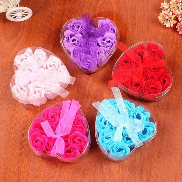 

9pcs scented rose flower petal bouquet valentines day gift heart shape gift box bath body soap wedding party favor 9ocs lot rra2670