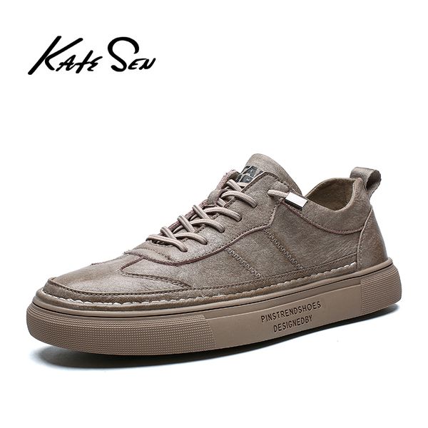 

katesen men shoes new men causal genuine leather shoes man loafers sneakers british dress lace-up male leisure, Black