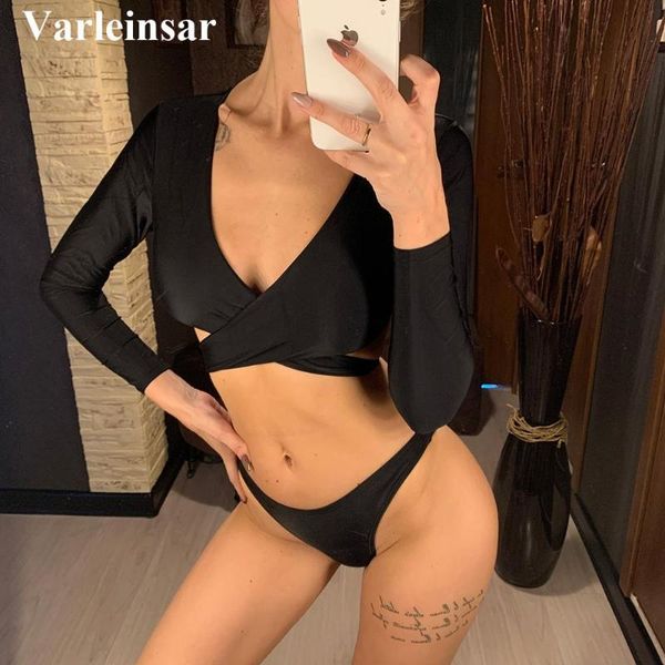 

black deep v full sleeve bikini female swimsuit women swimwear two-pieces bikini set bather bathing suit swim lady v2138