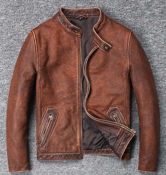 

vintage 2018 men's real natural genuine cow leather coat male motorcycle biker pilot jacket spring autumn brown xxxxxl 4xl 5xl, Black