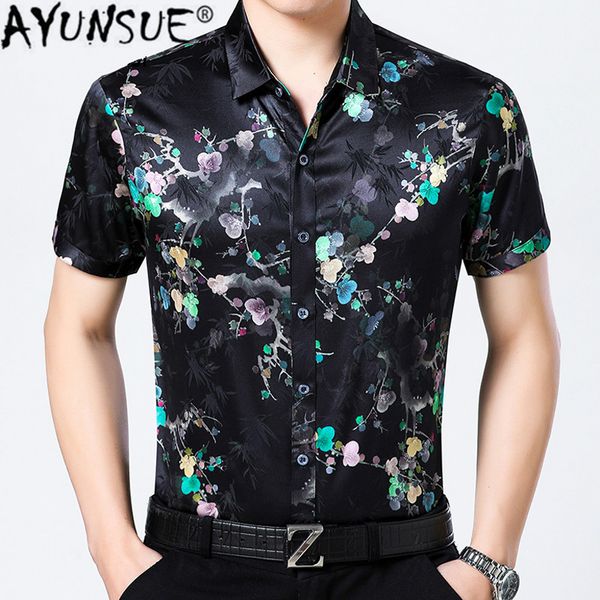 

ayunsue shirt for men real silk mens dress shirts 2020 summer printing shirt short sleeve casual turn-down collar js56688, White;black
