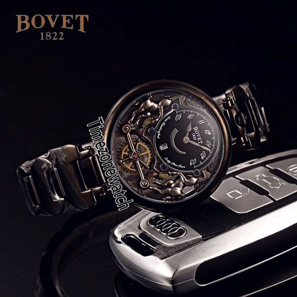 Швейцарские кварцевые мужские часы Bovet Amadeo Fleurier PVD Steel Skeleton Все черные циферблатные часы Браслет из нержавеющей стали Часы Timezonewatch E03b2