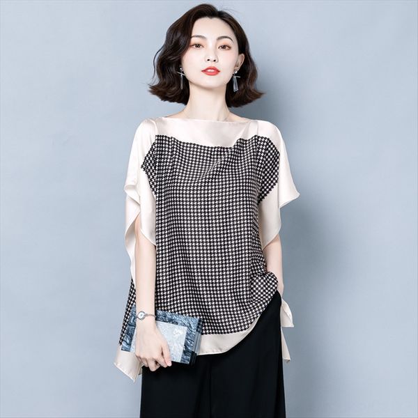 

silk bat silk shirt shirt women's 2020 summer bird grid printed short-sleeved loose t-shirt, White