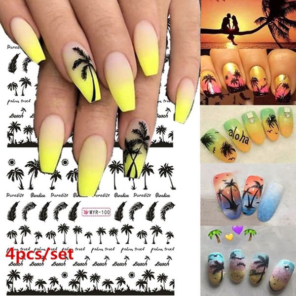 

palm tree nail sticker summer super ocean wind nail foil tropical surf beach coconut tree style sticker diy manicure tool, Black
