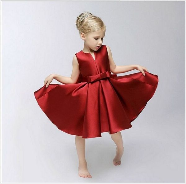 

new collection unique small v-neck bowknot satin princess flower girl dress/performance dress/girl party dress 925, Red;yellow