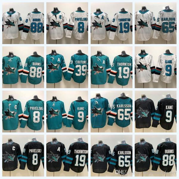 

San Jose Sharks 8 Joe Pavelski 65 Erik Karlsson 19 Joe Thornton 39 Logan Couture 88 Brent Burns 9 Evander Kane Hockey Jersey