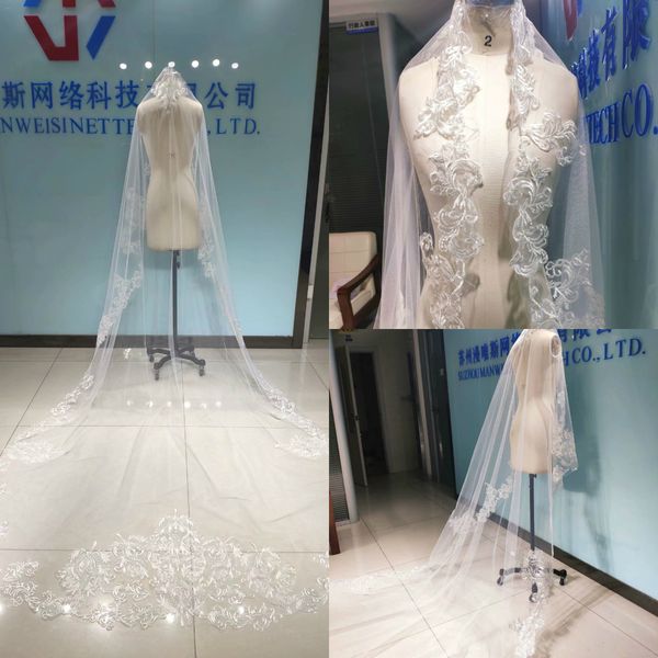 

2020 one layer wedding veils 3 meters long cathedral length lace appliqued real image tulle bridal veil with comb, Black