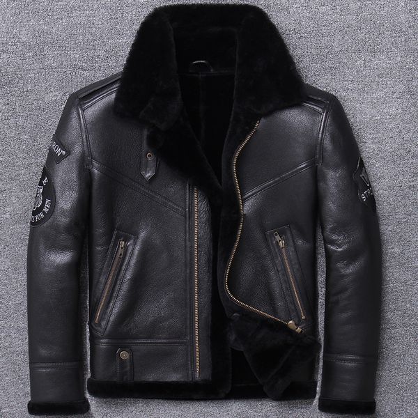 

2019 new men's black b3 shearling jacket short motorcycle leather jacket mens sheepskin coat winter coats trench coat