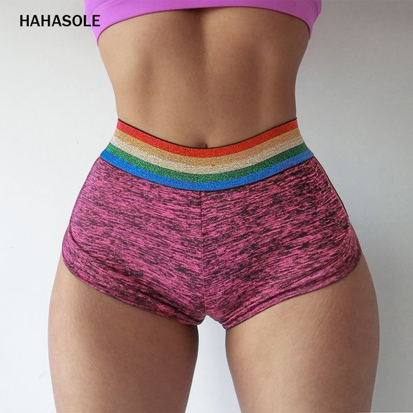 

hahasole yoga shorts 2019 rainbow stripes push up fitness shorts women gym pocket elastic slim workout swb6113-2, White;red