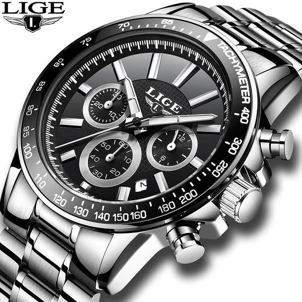 

lige men's watches watch mens quartz stainless steel clock fashion chronograph watch man relogio masculino, Slivery;brown