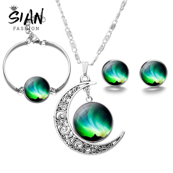 

sian северное сияние галактики вселенной ювелирные наборы aurora фото glass кабошон moon браслет ожерелье стад серьги набор подарок любовник, Silver