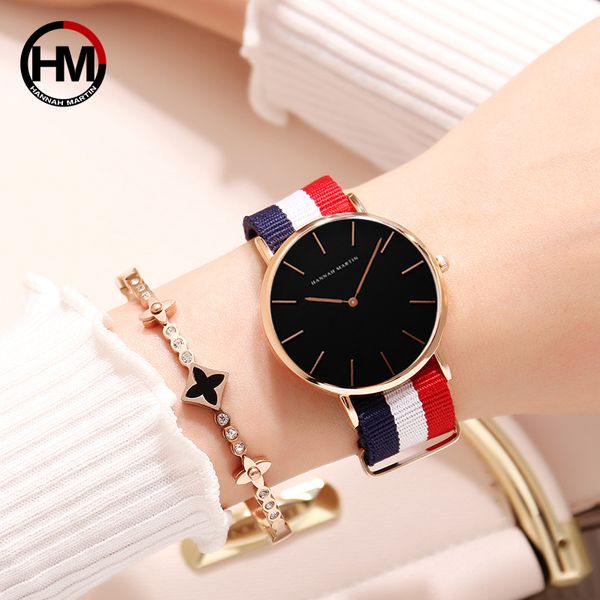 

hm women fashion simple nylon quartz watches ladies causal minimalist waterproof ultra thin analog black dial female watches, Slivery;brown