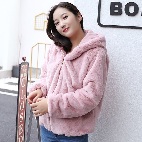 

women 2019 new faux fur coat with hood high waist fashion slim black pink faux fur jacket winter fake zipper overcoat