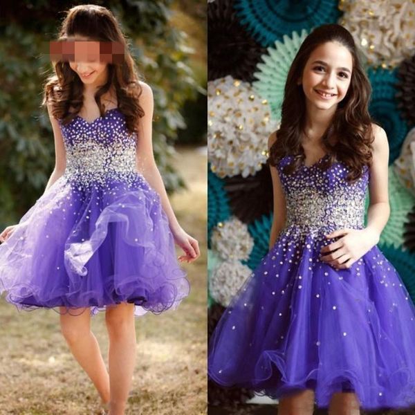 Cocktail roxo Curto Prom Vestidos Juniors Curto 2020 Beaded Querida Tulle Piping Baile graduação regresso a casa Prom 6ª Série do partido